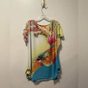 Julia Womens Top Silk Blend Peacock Blouse Short Slv Sparkle  XL